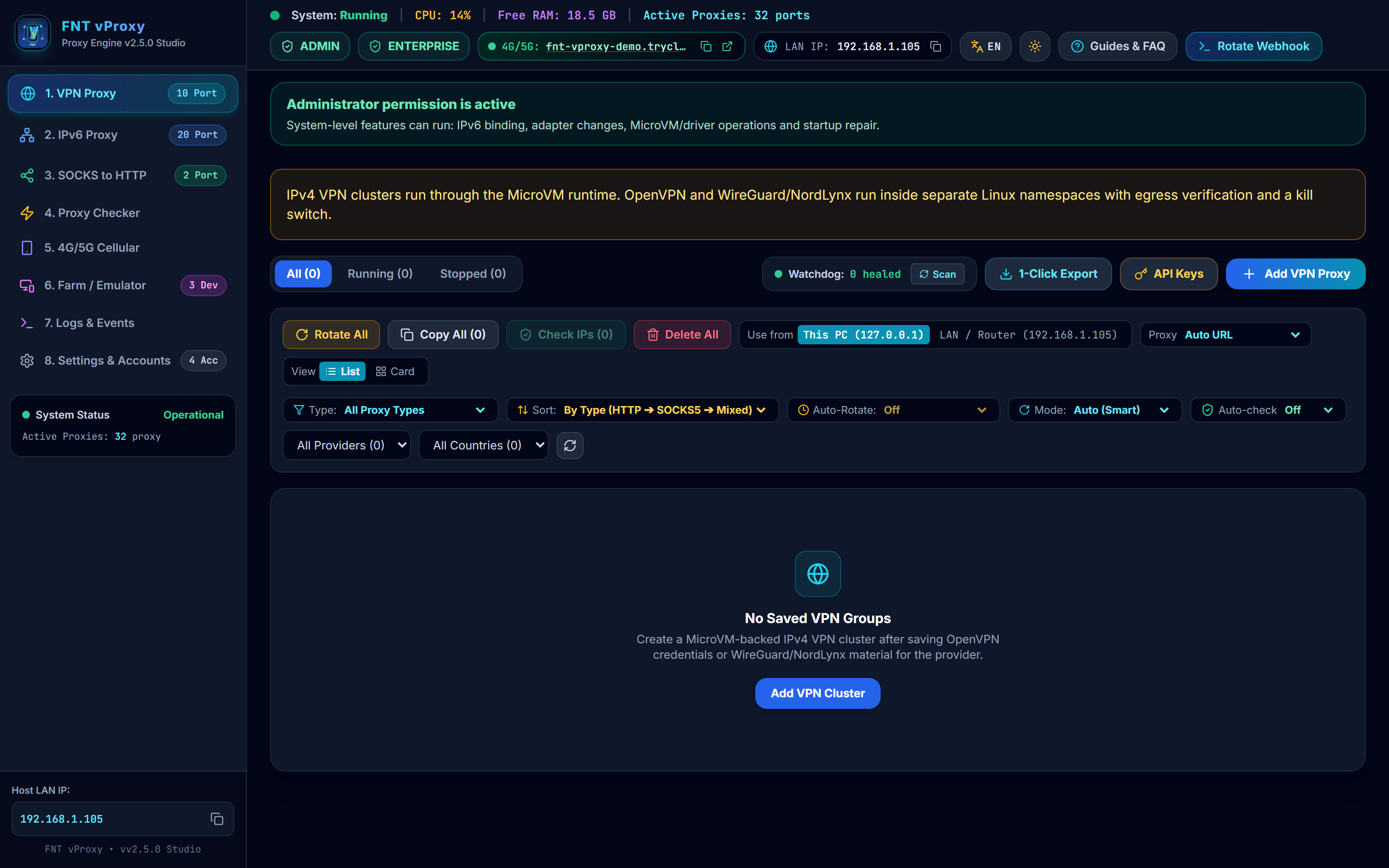 FNT vProxy Studio Dashboard